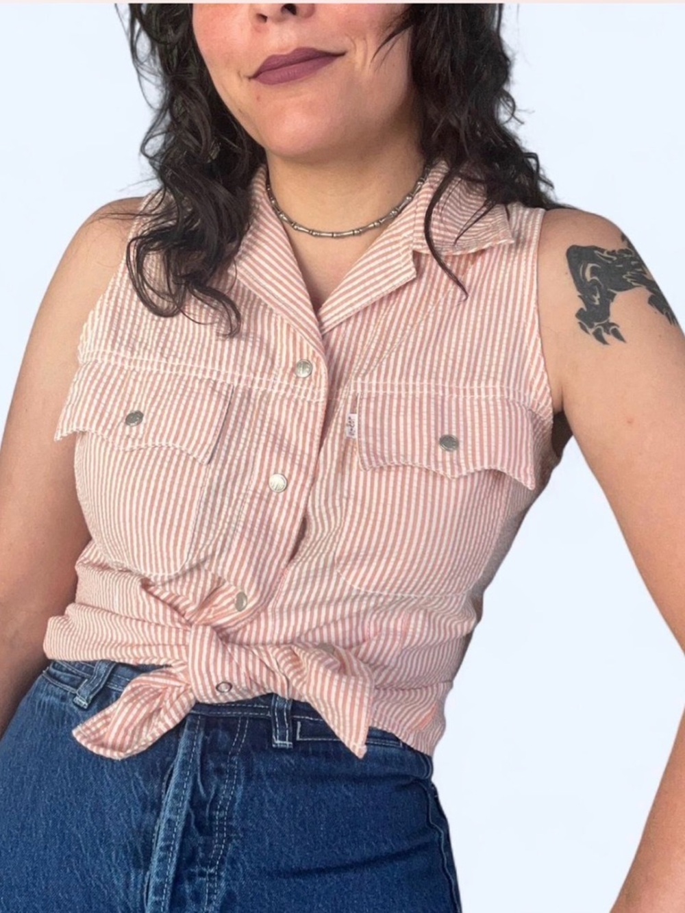 Vintage Levi's Orange and White Striped Sleeveless Button-Down Tie Front Top